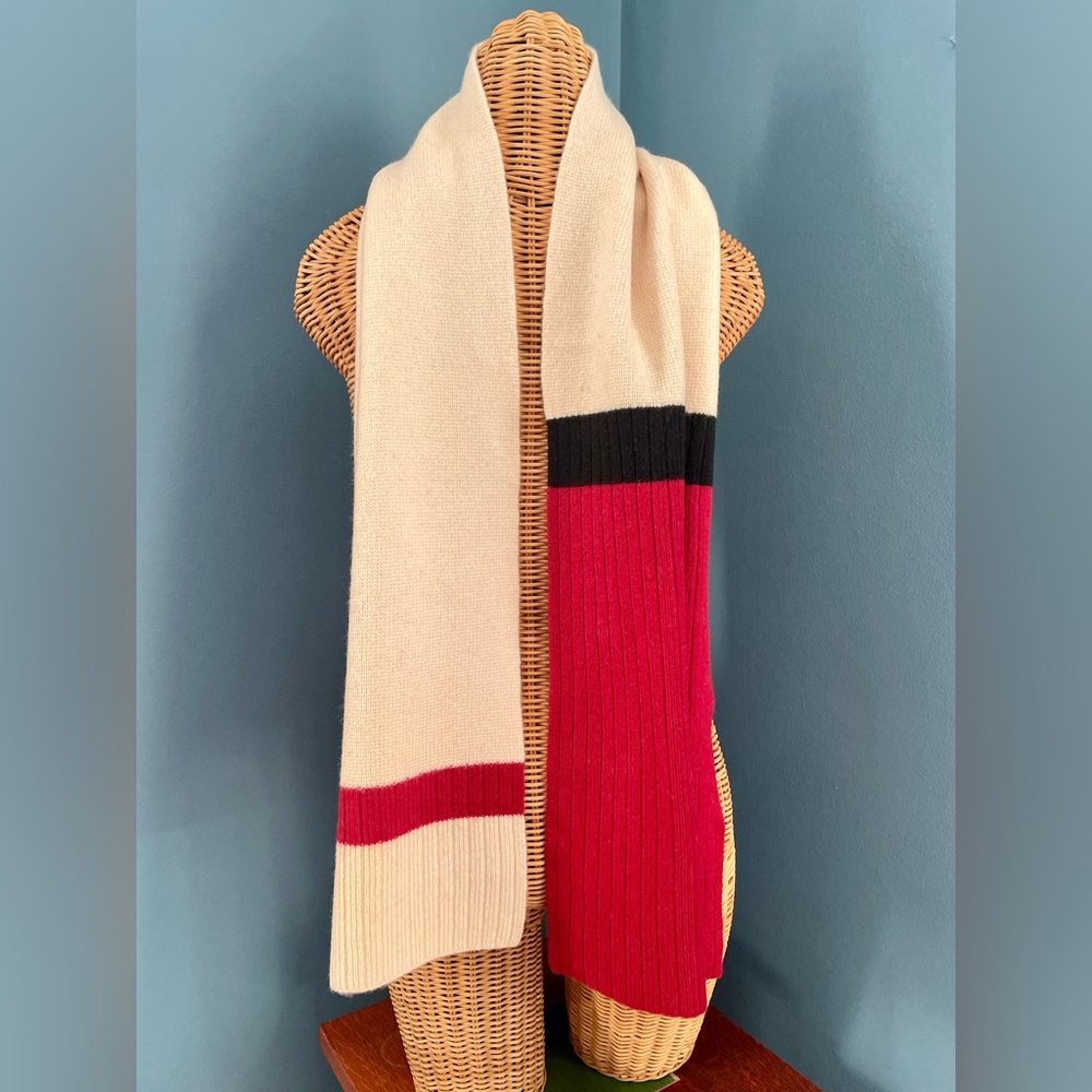 100% Lambswool GAP Scarf Unisex Colorblock Red Black Cream 11x62 No Fringe
